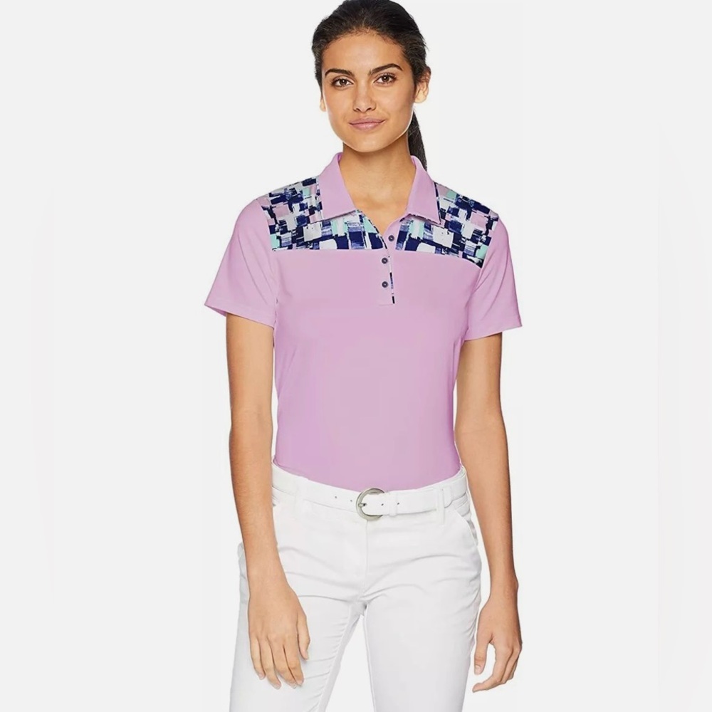 Adidas Lilac Polo Golf shirt. Front button & collar. Size Small. UV protection